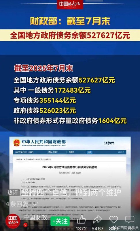 全国地方政府债务527627亿元，平摊到每个中国人身上37143.45元！当然这是按官方公布的总人口14.2亿算的